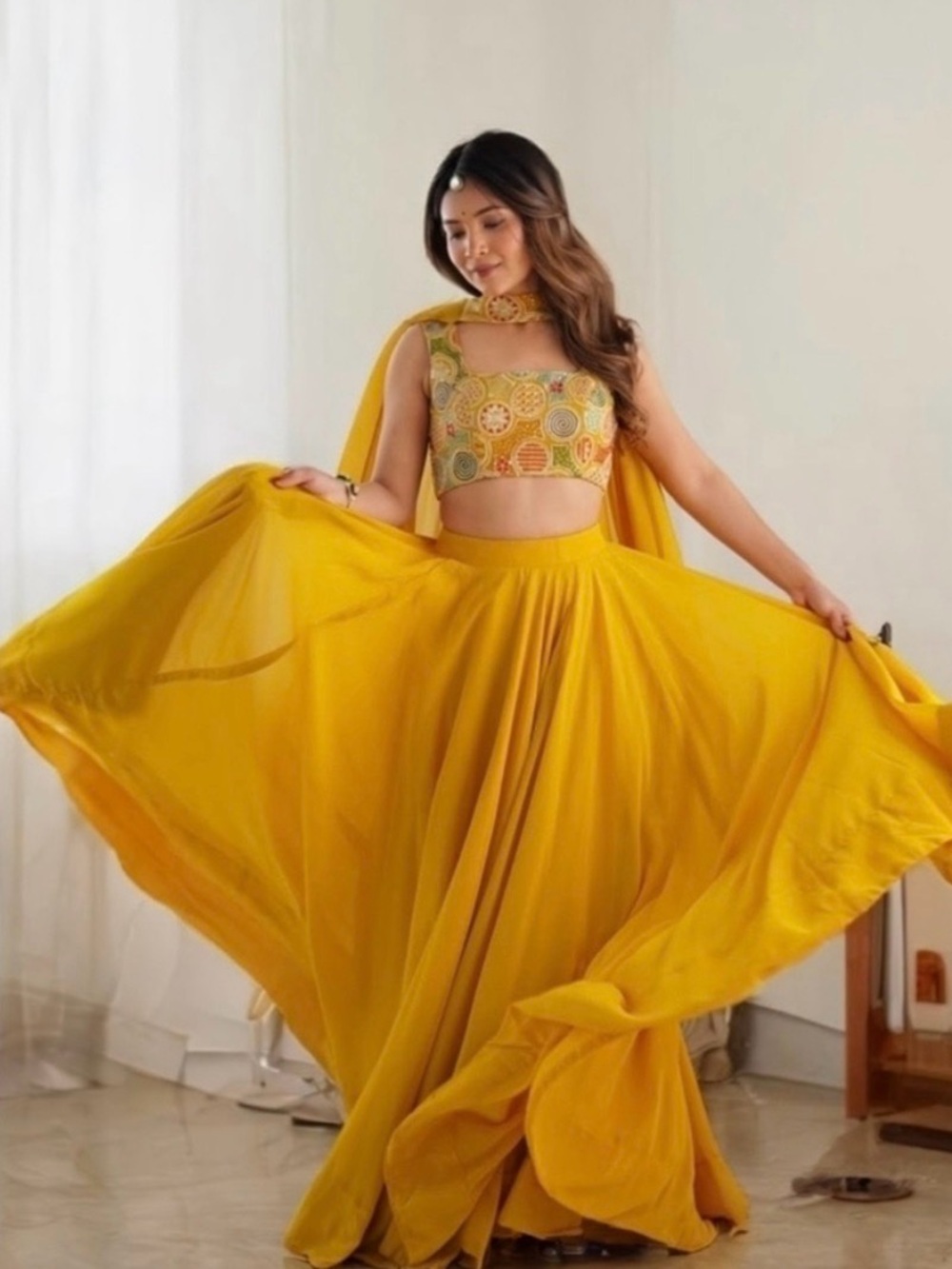 Yellow Floral Embroidered Crop Top Lehenga Dupatta Set Indian Outfit